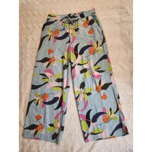 A New Day Womens Linen Blend LARGE Floral High-Rise Wide Leg Linen Pull-On Pants